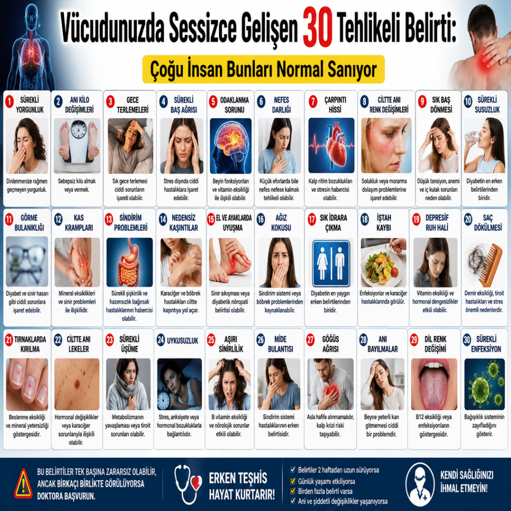 Vücudunuzda Sessizce Gelişen 30 Tehlikeli Belirti: Çoğu İnsan Bunları Normal Sanıyor